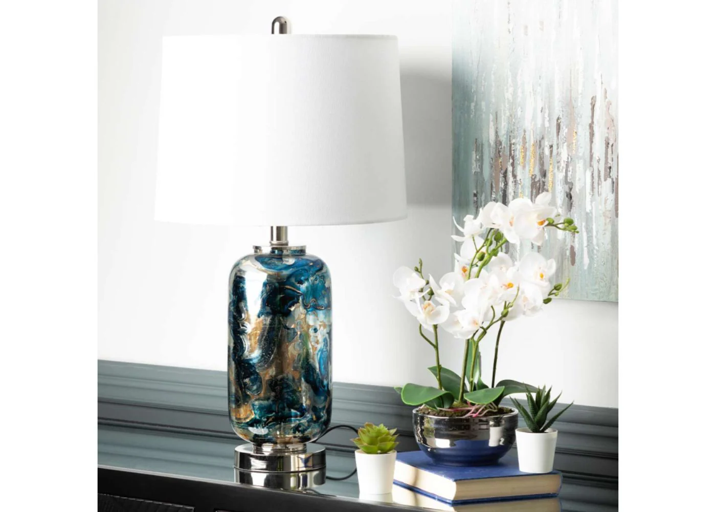 61.2cm Blue and Silver Table Lamp with White Shade by Lina Home - Image 3
