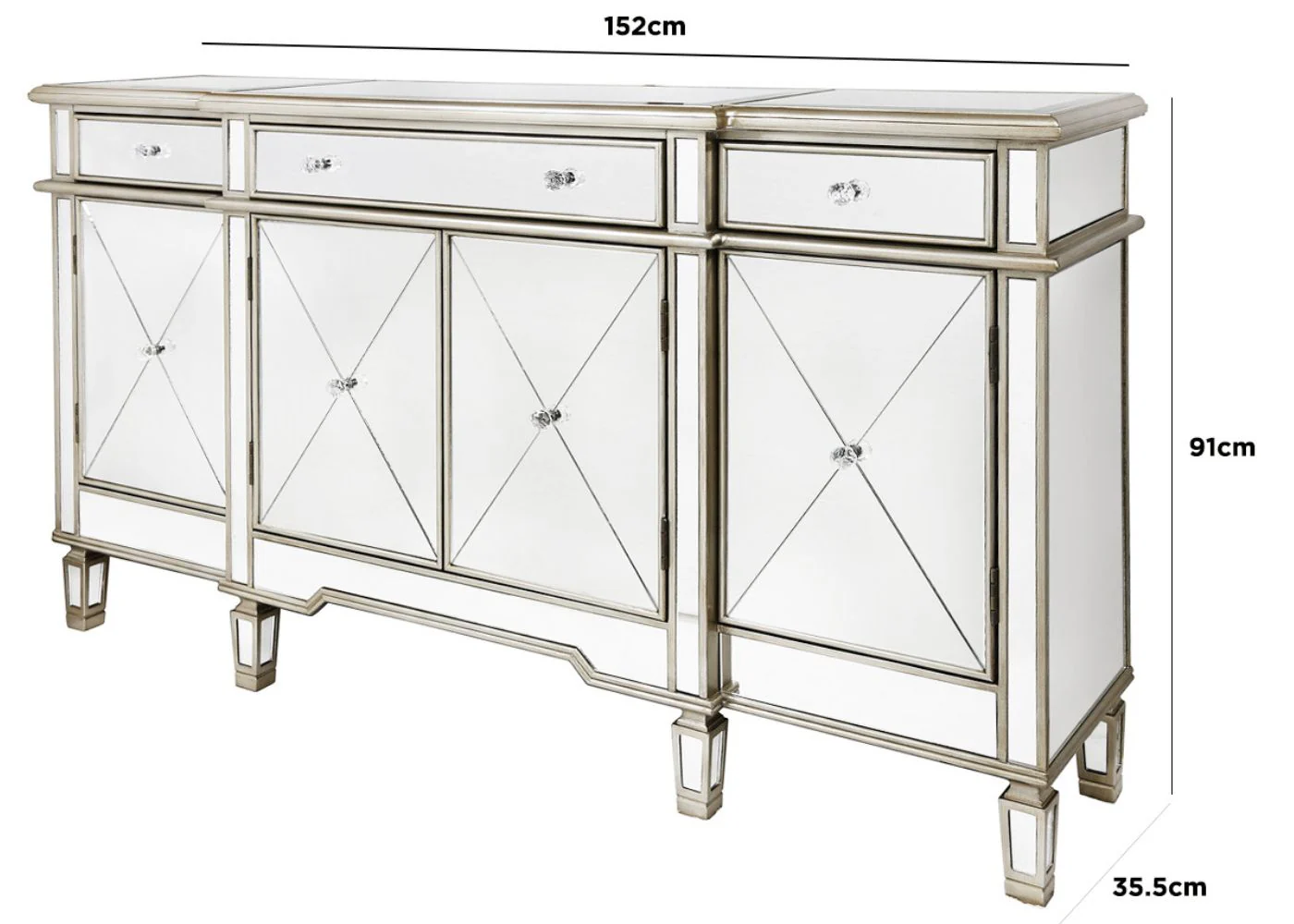 Beaumont Gold 3-Drawer & 4-Door Mirrored Sideboard by Lina Home - Image 7
