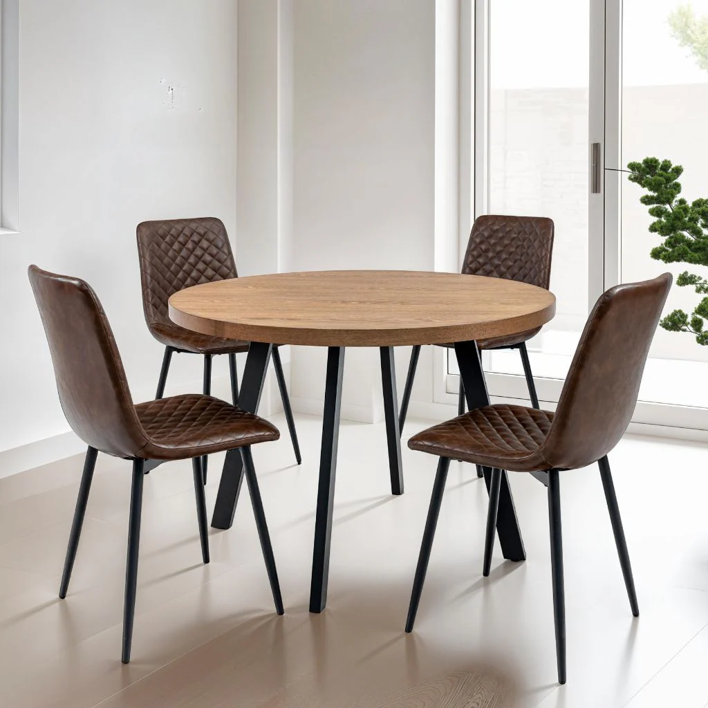 Cedar 1.1m Round Dining Table + 4 Tan Chairs