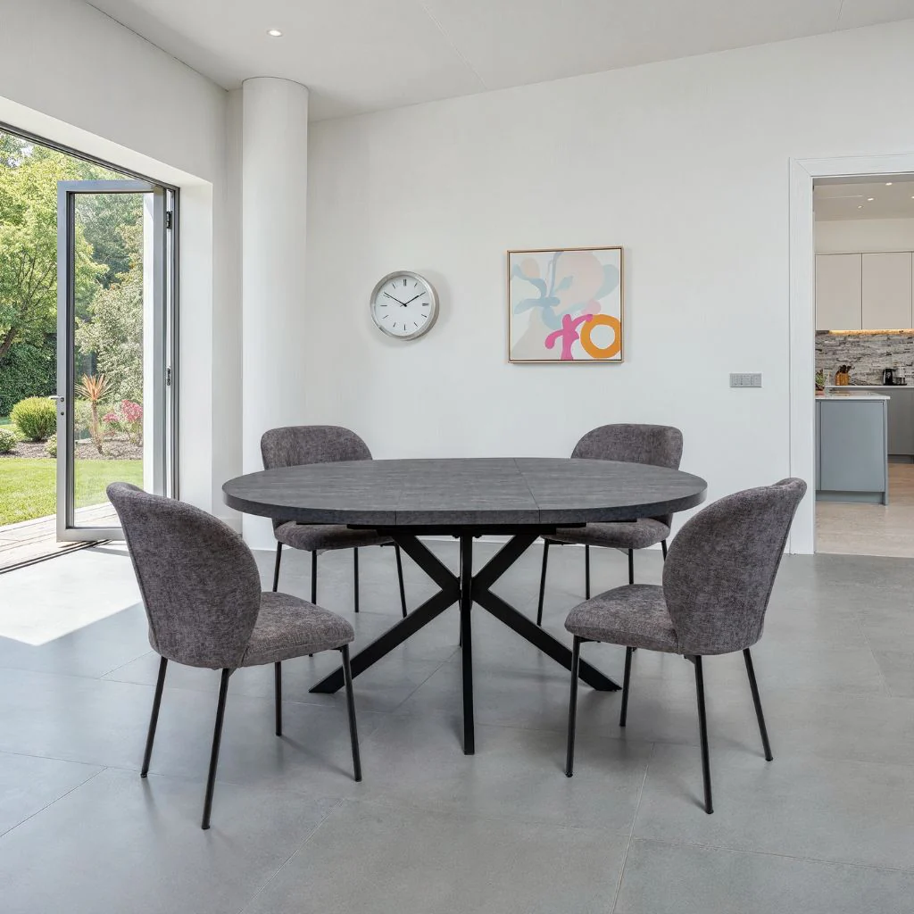 Fano 1.2m Round Extending Charcoal Dining Table + 4 Fano Chairs