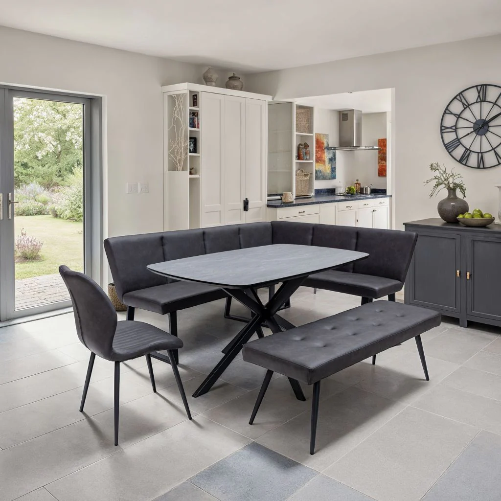Fano 1.5m Charcoal Dining Table + Framura Bench + Siena Chair + Bench