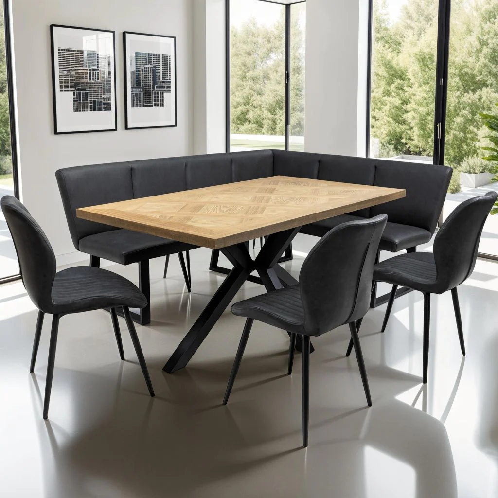 Hugli 1.6m Dining Table + Framura Bench + 3 Siena Chairs