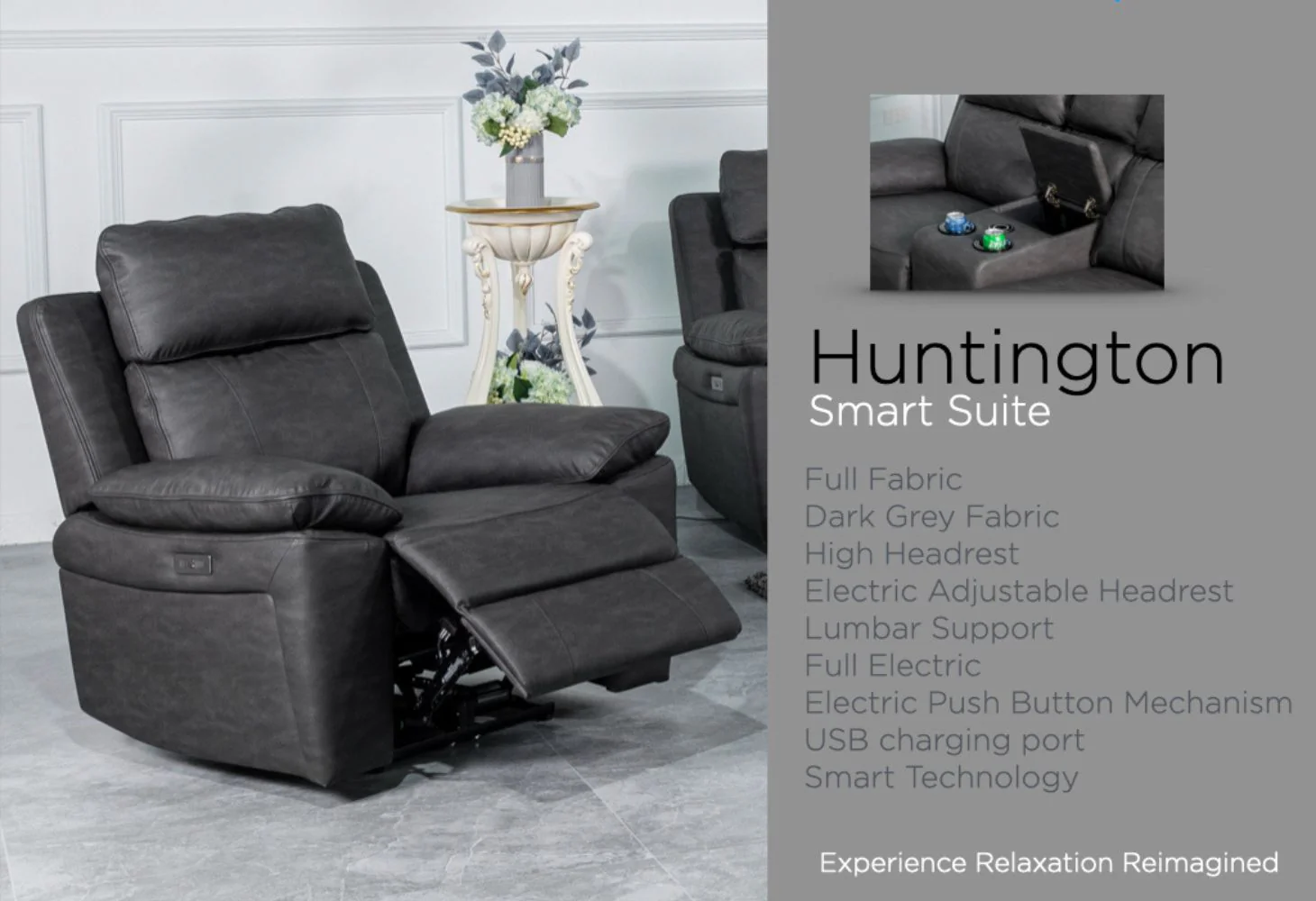 Huntington Dark Grey Electric Reclining Sofa Range by Annaghmore - Image 4