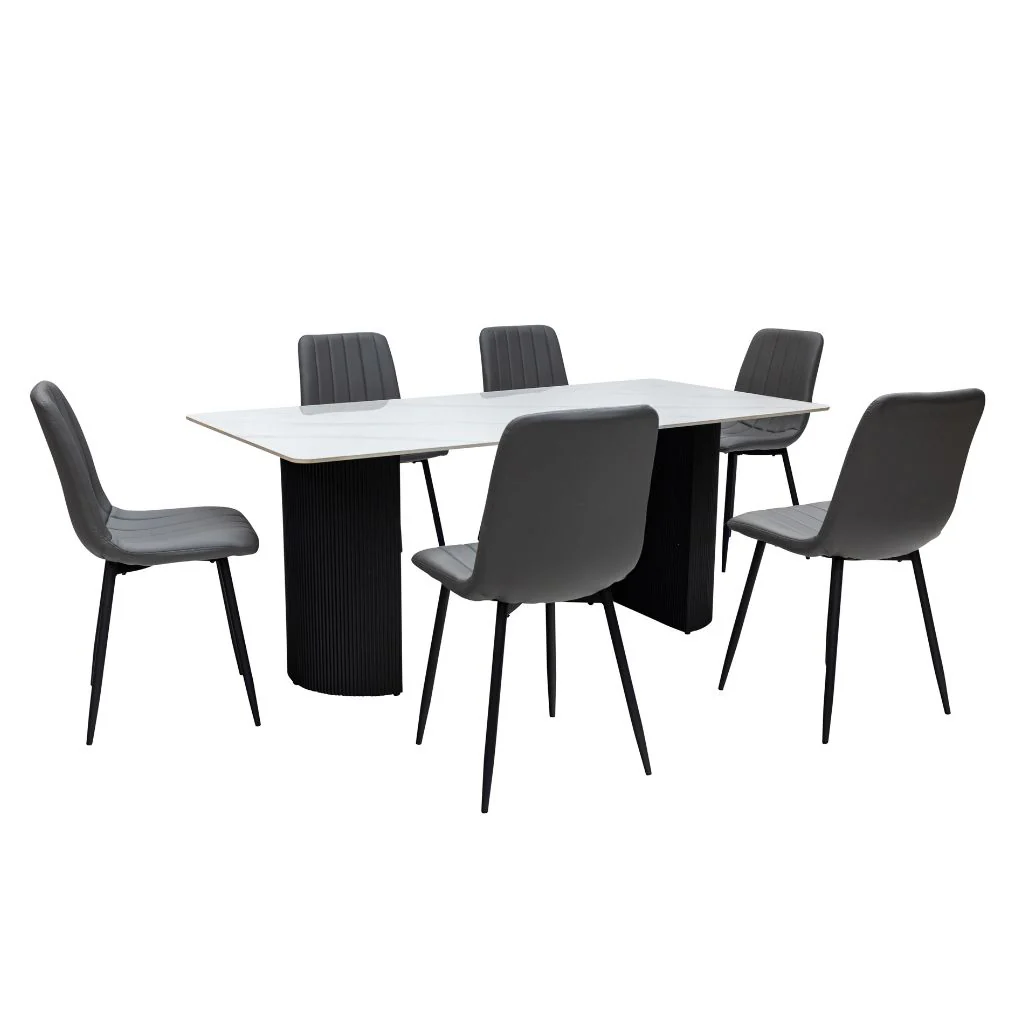 Marina 1.8m Italy White Dining Table + 6 Grey PU Chairs