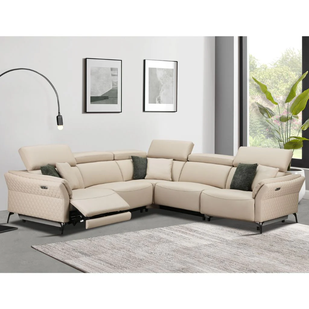 Milan Cream Leather Electric Reclining Corner Suite by GIE