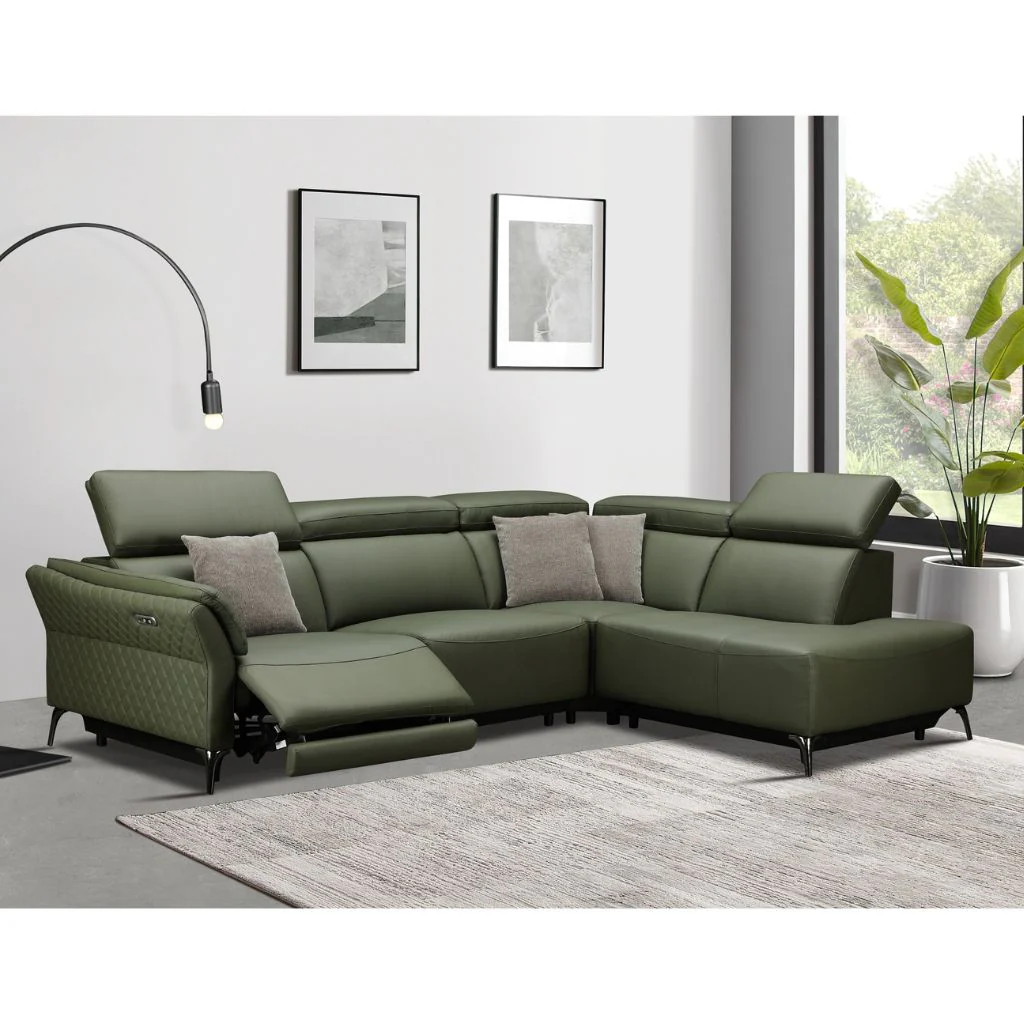 Milan Green Leather Electric Reclining Corner Suite by GIE