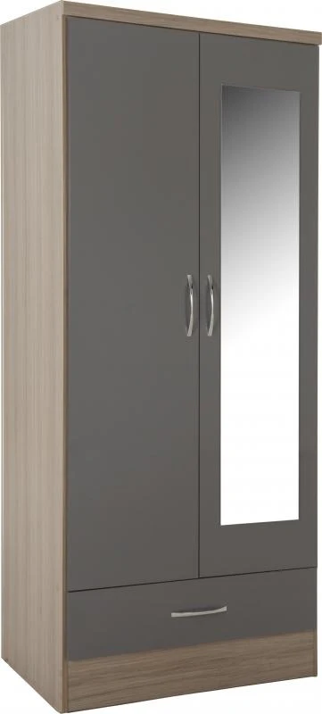 Nevada Grey Gloss and Light Oak Effect 2-Door 1-Drawer Mirrored Wardrobe by Wholesale Beds & Furniture - Image 2
