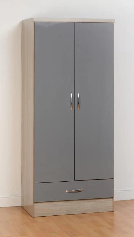 Nevada Grey Gloss and Light Oak Effect 2-Door 1-Drawer Wardrobe by Wholesale Beds & Furniture - Image 2