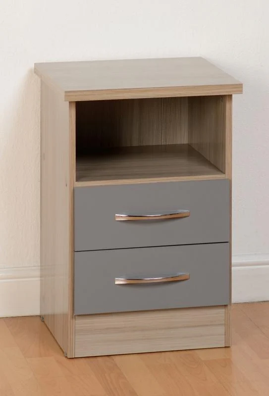 Nevada Grey Gloss and Light Oak Effect 2-Drawer Bedside by Wholesale Beds & Furniture - Image 2