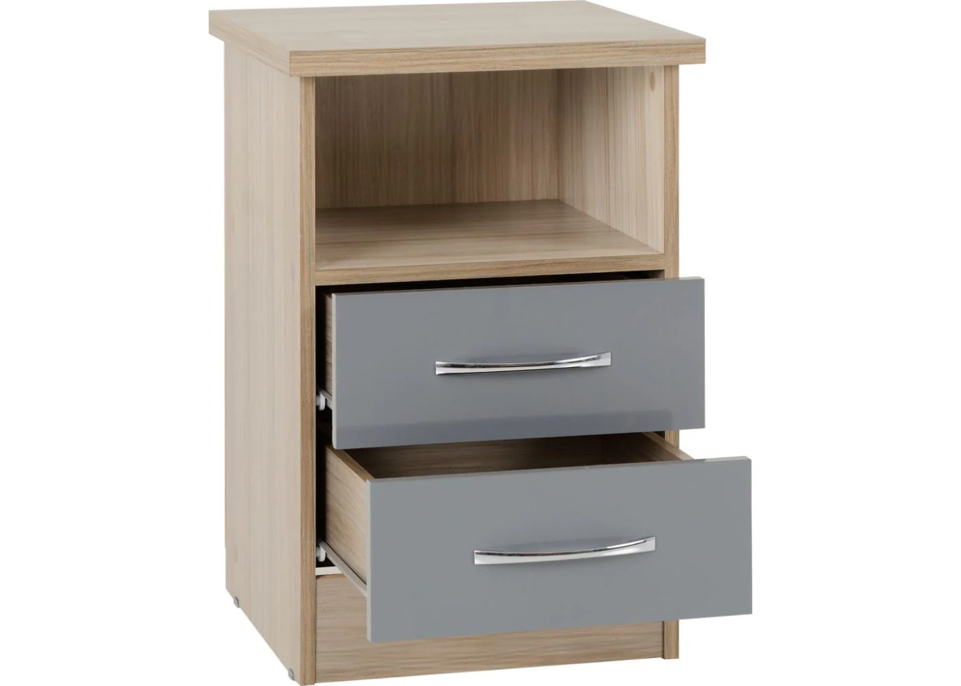 Nevada Grey Gloss and Light Oak Effect 2-Drawer Bedside by Wholesale Beds & Furniture - Image 3