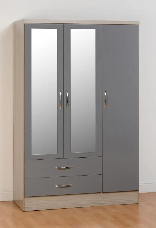 Nevada Grey Gloss and Light Oak Effect 3-Door 2-Drawer Mirrored Wardrobe by Wholesale Beds & Furniture - Image 2