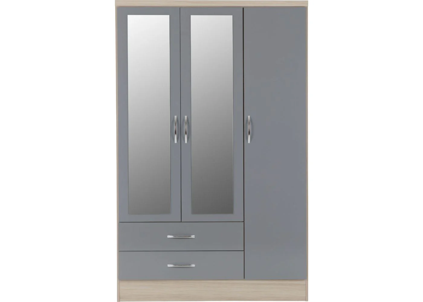 Nevada Grey Gloss and Light Oak Effect 3-Door 2-Drawer Mirrored Wardrobe by Wholesale Beds & Furniture - Image 3
