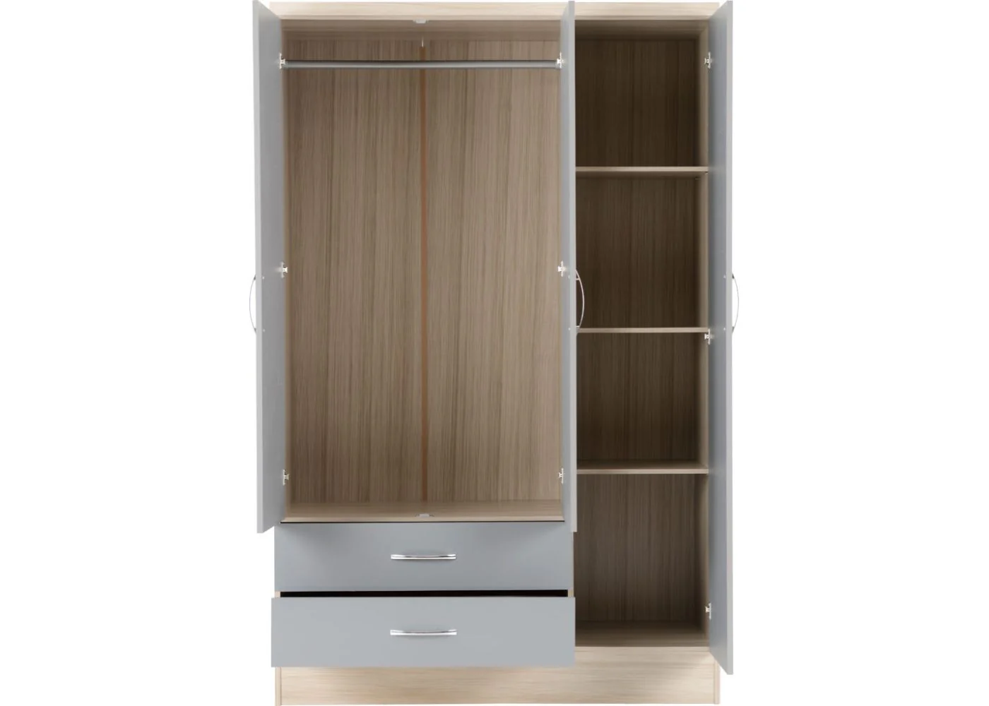 Nevada Grey Gloss and Light Oak Effect 3-Door 2-Drawer Mirrored Wardrobe by Wholesale Beds & Furniture - Image 4