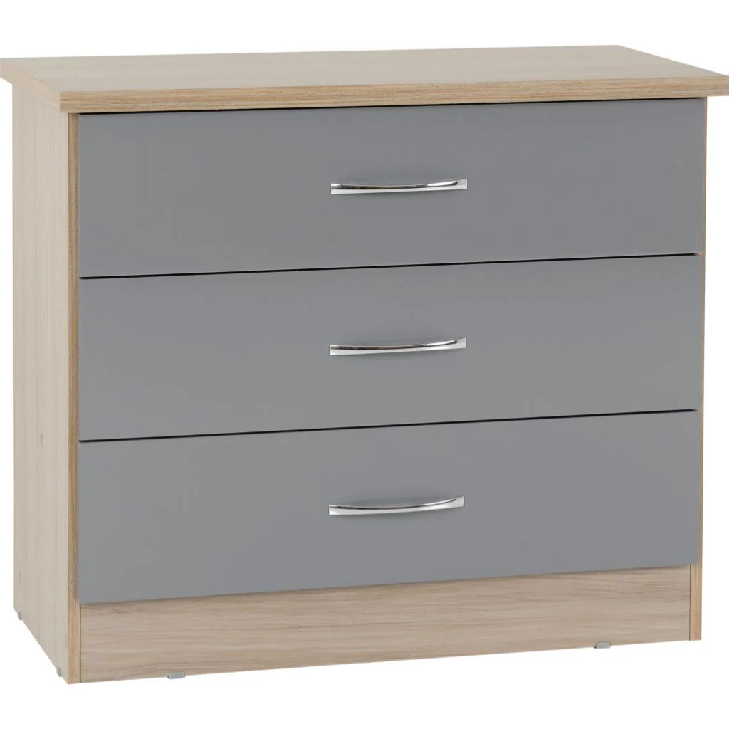 Nevada Grey Gloss and Light Oak Effect 3-Drawer Chest by Wholesale Beds & Furniture