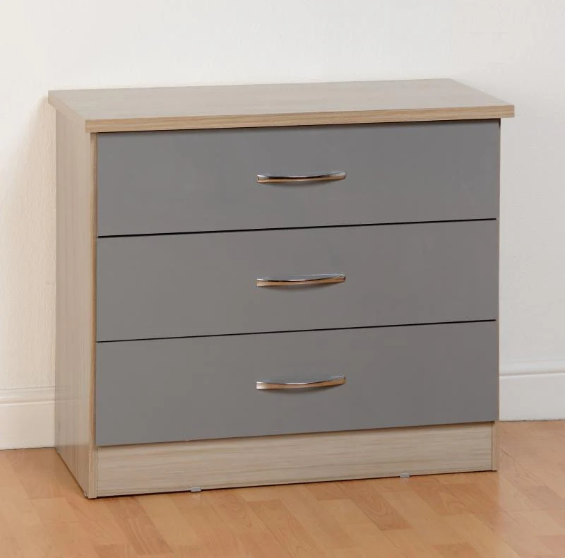 Nevada Grey Gloss and Light Oak Effect 3-Drawer Chest by Wholesale Beds & Furniture - Image 2