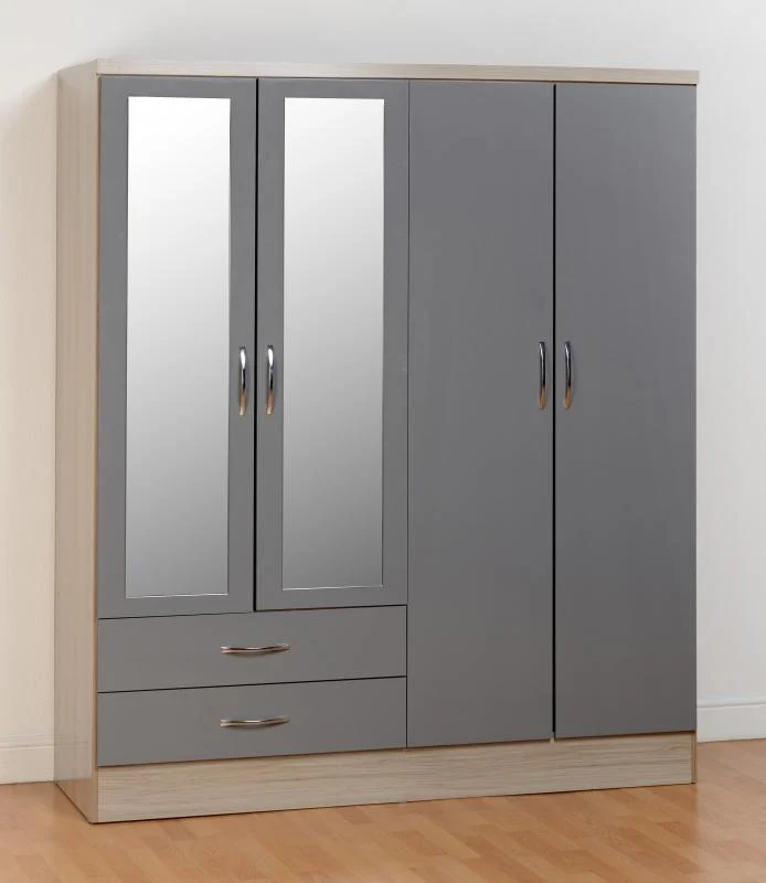Nevada Grey Gloss and Light Oak Effect 4-Door 2-Drawer Mirrored Wardrobe by Wholesale Beds & Furniture - Image 2