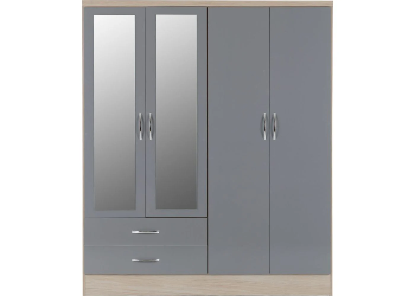Nevada Grey Gloss and Light Oak Effect 4-Door 2-Drawer Mirrored Wardrobe by Wholesale Beds & Furniture - Image 3
