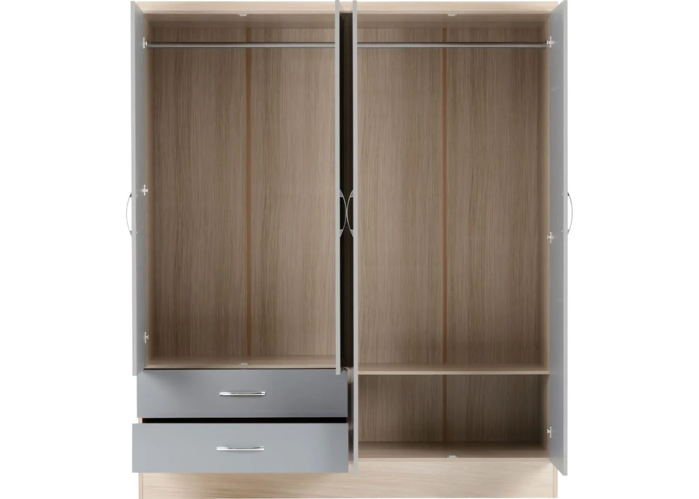 Nevada Grey Gloss and Light Oak Effect 4-Door 2-Drawer Mirrored Wardrobe by Wholesale Beds & Furniture - Image 4