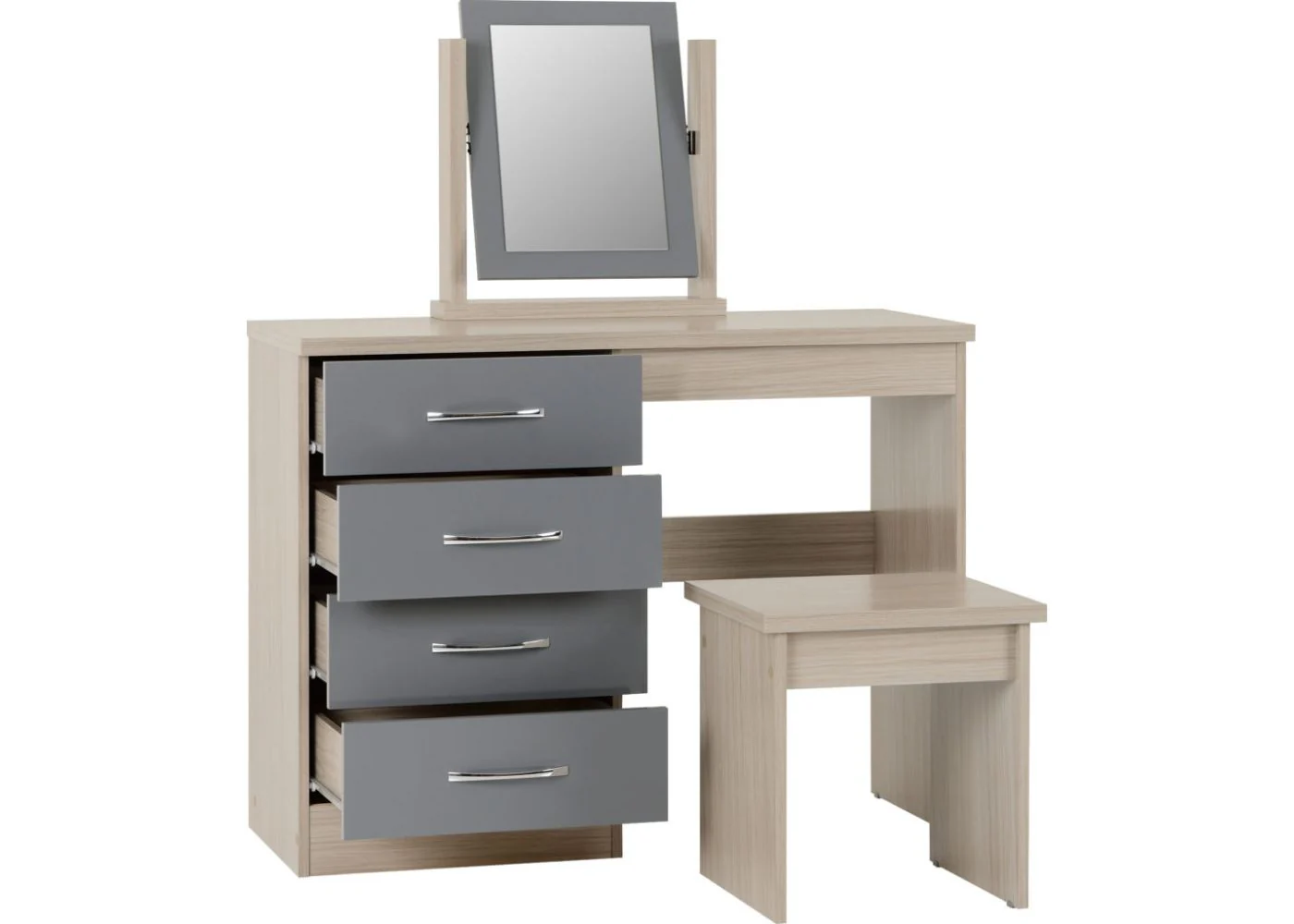 Wholesale Nevada Grey Gloss and Light Oak Effect 4-Drawer Dressing Table Set - Image 3