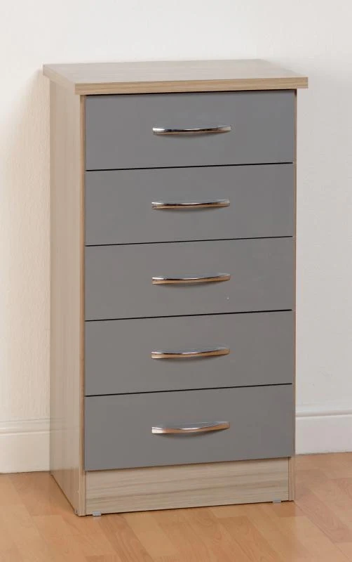Nevada Grey Gloss and Light Oak Effect 5-Drawer Narrow Chest by Wholesale Beds & Furniture - Image 2