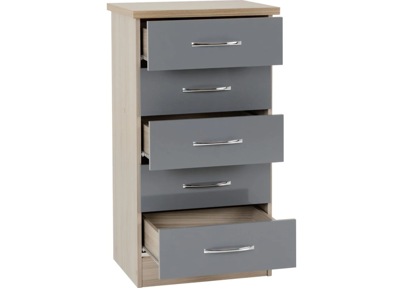 Nevada Grey Gloss and Light Oak Effect 5-Drawer Narrow Chest by Wholesale Beds & Furniture - Image 3