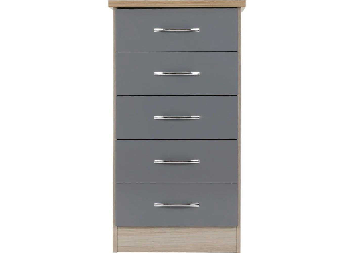 Nevada Grey Gloss and Light Oak Effect 5-Drawer Narrow Chest by Wholesale Beds & Furniture - Image 4