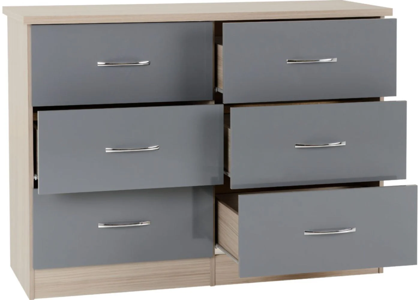 Nevada Grey Gloss and Light Oak Effect 6-Drawer Chest by Wholesale Beds & Furniture - Image 3