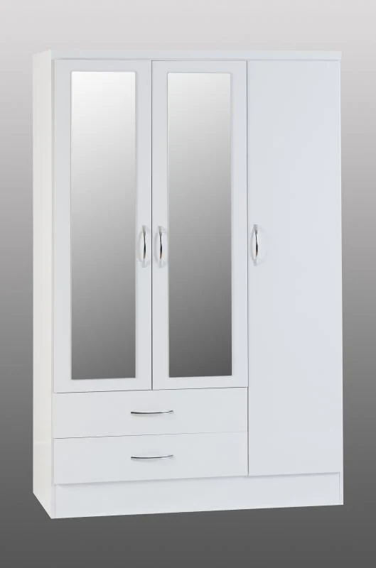 Nevada White Gloss 3-Door 2-Drawer Mirrored Wardrobe by Wholesale Beds & Furniture - Image 2