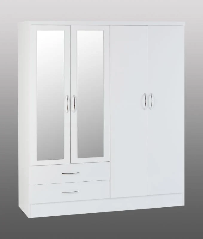 Nevada White Gloss 4-Door 2-Drawer Mirrored Wardrobe by Wholesale Beds & Furniture - Image 2