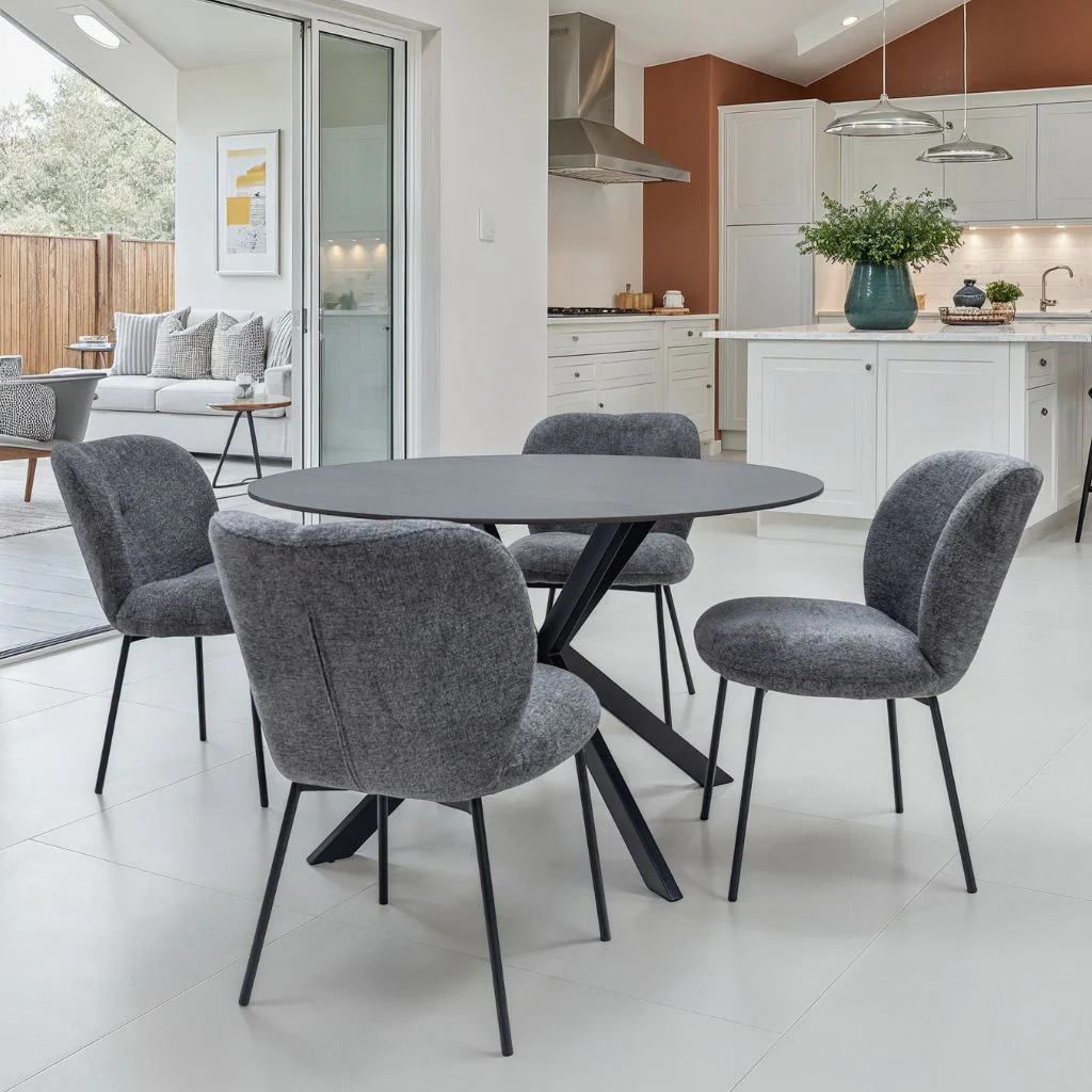 Orta 1.2m Round Grey Dining Table + 4 Orta Grey Fabric Chairs