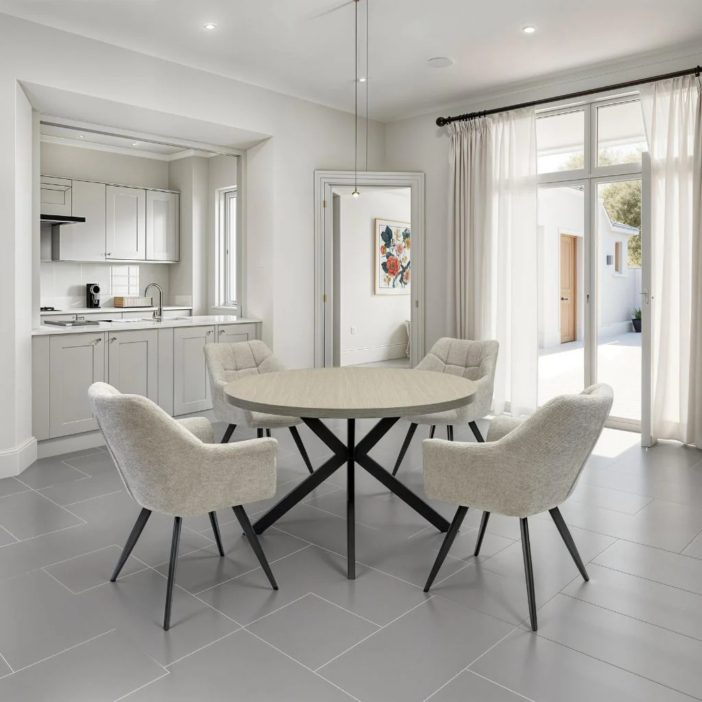 Ruvo 1.2m Round Light Grey Dining Table + 4 Potenza Grey Chairs