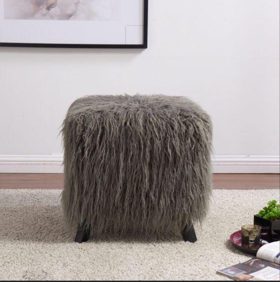 Shaggy Faux Sheepskin Cube Stool in Grey