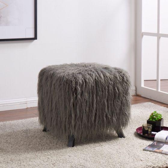 Shaggy Faux Sheepskin Cube Stool in Grey - Image 2